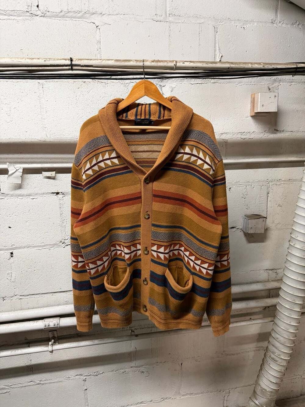 Pendleton Vintage Patterned Cardigan Sweater Size XL Brown Blue White Striped